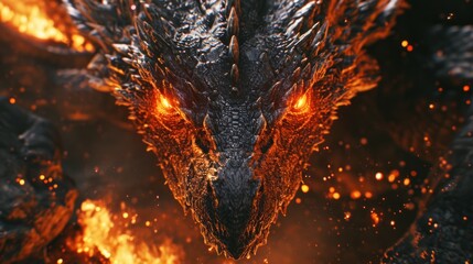 Close-up view of an angry evil dragon with red eyes and fire flames.