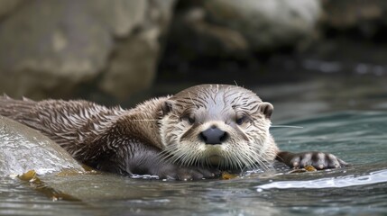 Obraz premium a close up of a sea otter swimming in a body of water with rocks in the background and a rock in the foreground.