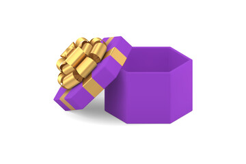 Obraz premium Purple elegant empty gift box with open lid and luxury golden bow ribbon 3d icon realistic vector