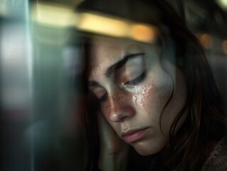 Woman With Closed Eyes Looking Down in Subway. Generative AI.