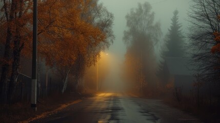 Fototapeta premium a foggy road with trees on both sides and a street light in the middle of the road on a foggy day.