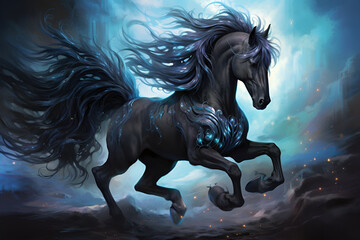 black fantasy horse in the dark - obrazy, fototapety, plakaty