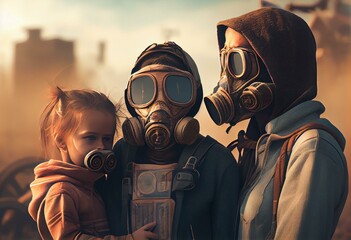 Family in polluted air industry area with smog wearing masks - Generative AI illustration - obrazy, fototapety, plakaty