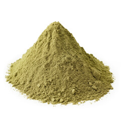 close up pile of finely dry organic fresh raw catnip powder isolated on white background. bright colored heaps of herbal, spice or seasoning recipes clipping path. selective focus