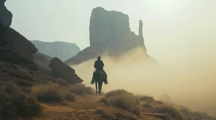 Rolgordijnen Cowboy on horseback with landscape of American’s Wild West with desert sandstones. © Joyce