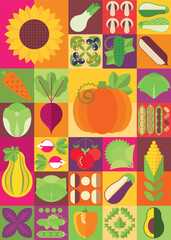 Abstract geometric background with vegetables symbols. Agriculture or farming pattern with fresh natural agricultural products. Eco healthy food. Poster, banner, set of icons