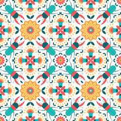 Fototapeta premium Creative geometric background with stag beetle and flowers. Spring or summer floral seamless pattern with horned beetles. Decorative texture for textile, fabric, wallpaper, packaging, home decor