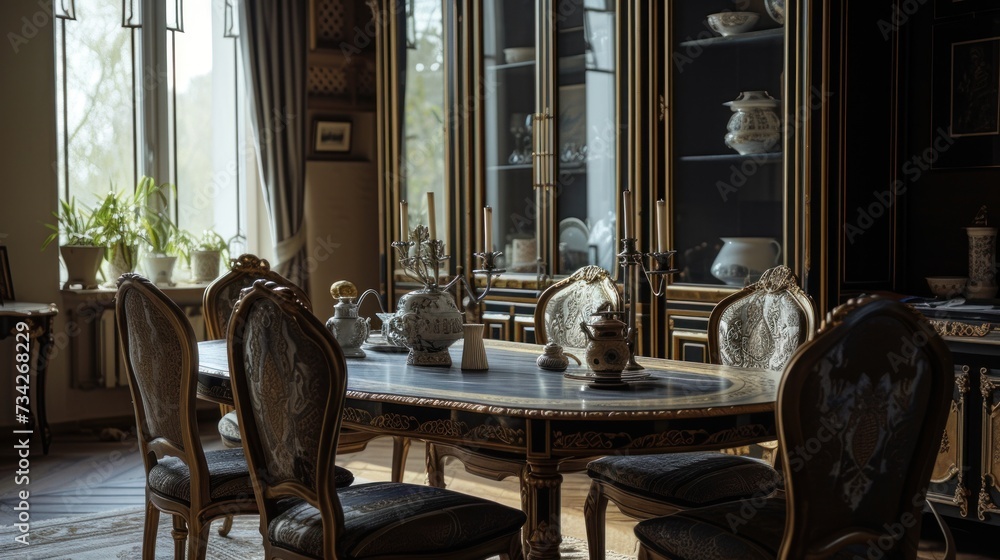 Poster a dining room table with chairs and a china cabinet in front of a window with a view of the outside.