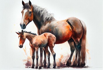 Horse and foal watercolor illustration. Generative AI