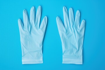 Obraz premium Protective Pair of medical gloves on blue background. Clean medicine latex rubber protection. Generate Ai