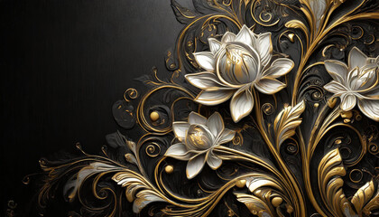 abstract black and gold and white floral pattern background with emboss on metal black background with copy space
