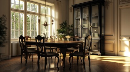  a dining room with a table and chairs in front of a window with the sun shining through the window panes.