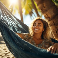 Serene tropical beach. beautiful woman enjoying relaxation in a hammock under shady palm trees