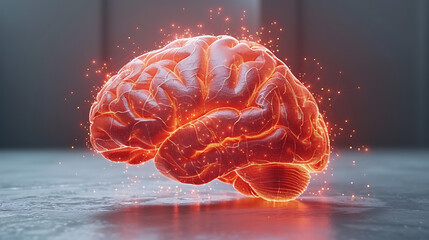 a human brain glows with red beams from it, in the style of hyperrealistic rendering, light orange and silver, tactile texture, energy-filled illustrations - obrazy, fototapety, plakaty