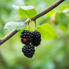 close-up of a fresh ripe blackberry hang on branch tree. autumn farm harvest and urban gardening concept with natural green foliage garden at the background. selective focus