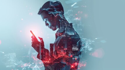 Digital revolution. A man with a smartphone is looking at a holographic smart grid at night