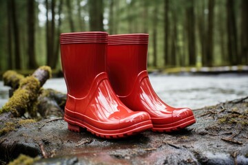 Pair red rubber boots. Person water protective food on rain season. Generate Ai