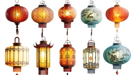 Obraz premium Vector illustration of a collection of different type of holiday lanterns to celebrate Chinese lunar new year over white background.
