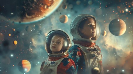 Two Children in Space Suits Standing Together. Generative AI.