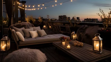 Fotobehang an enchanting touch to a rooftop observatory scene with warm, ambient lighting and festive birthday decor. Lounge chairs provide a comfortable spot for an unforgettable celebration under the stars. © Love Mohammad