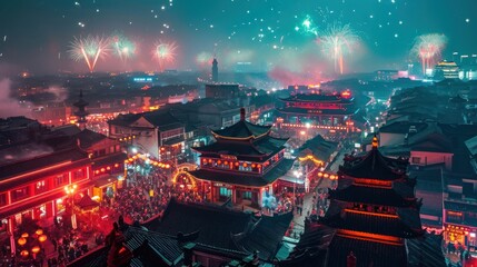 Fototapeta na wymiar Beautiful fireworks show in city over traditional building to celebrate Chinese lunar new year.