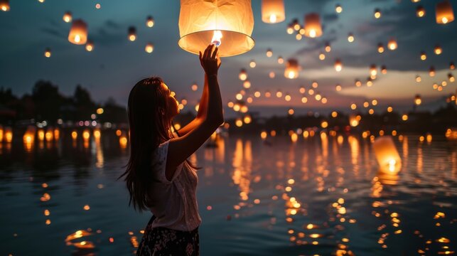 A graceful young lady release sky lantern to celebrate Chinese lunar new year.