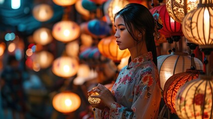 A beautiful young lady in traditional Hanfu in lantern festival in street to celebrate Chinese lunar new year.