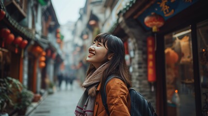 Fototapeta premium A female traveler in old town street with Chinese lunar new year decoration.