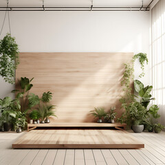 Wooden empty product podium stage with copy space, environmentally friendly, wooden background, white luxury look