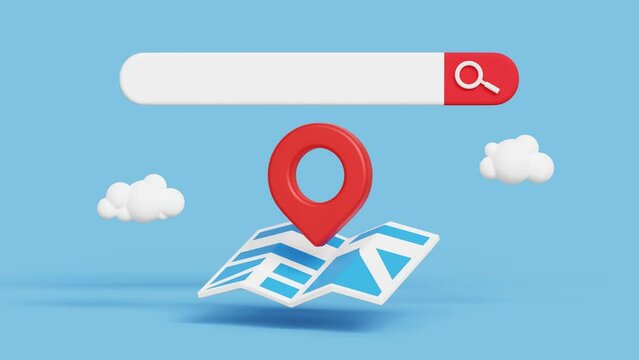 3D travel search, trip vacation or tourism concept. Locator mark of map and location pin or navigation icon with mini map and search bar. 4k 3d loop animation