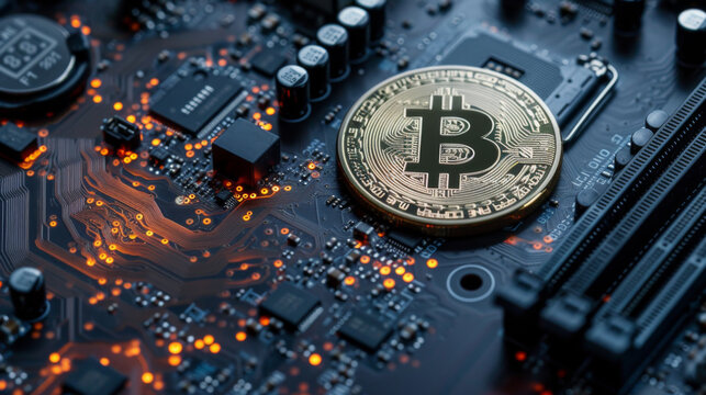 Bitcoin on a computer motherboard showcasing the tech foundation of cryptocurrency