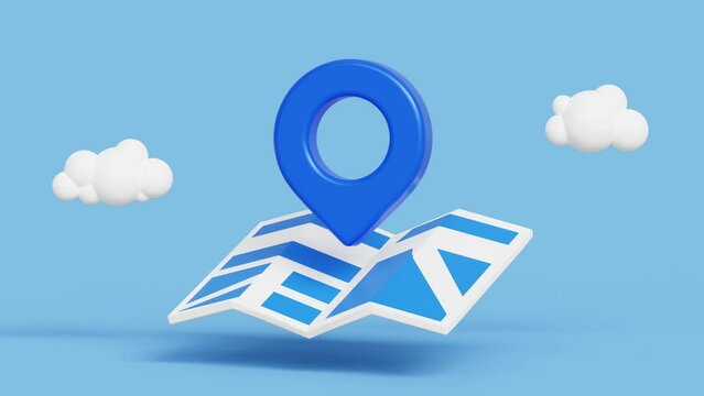 Search place, GPS navigation and travel location concept. Location folded paper map with navigation pin on blue background. 4k 3d loop animation