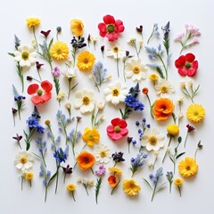 A magnificent display of colorful wildflowers blooming brilliantly on a crisp white background