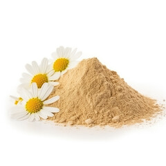 close up pile of finely dry organic fresh raw chamomile powder isolated on white background. bright colored heaps of herbal, spice or seasoning recipes clipping path. selective focus - obrazy, fototapety, plakaty