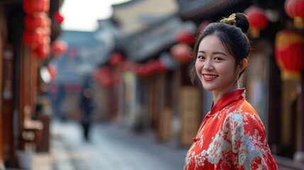 Fototapeta premium Beautiful lady dressed in traditional Hanfu clothing in street during Chinese lunar new year.