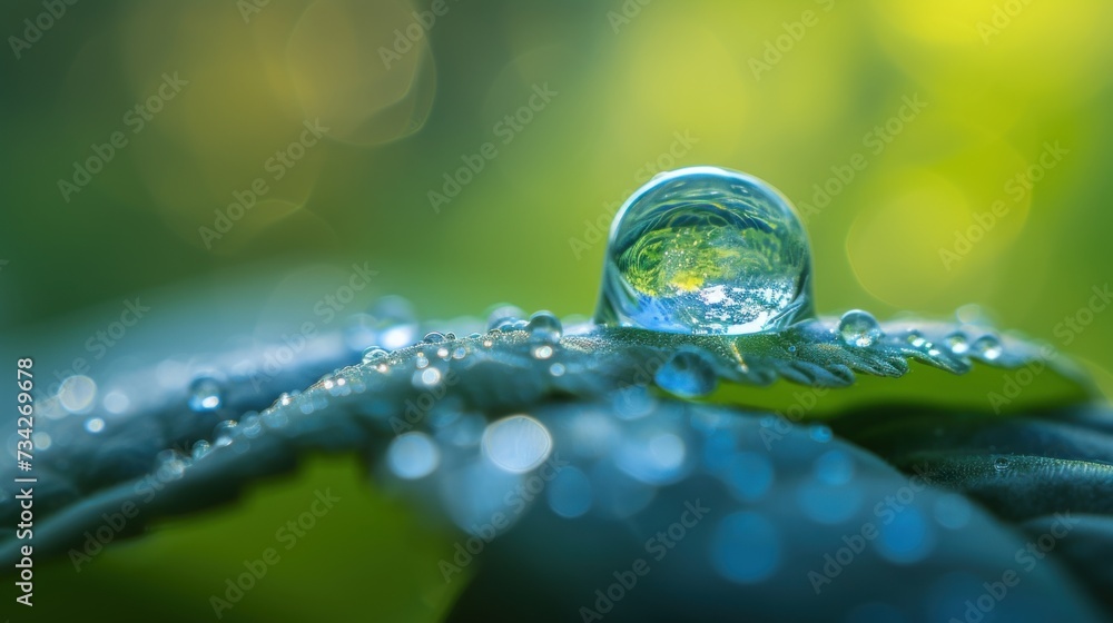 Poster a close up of a water droplet on a leaf with a blurry background of grass and trees in the backgroun