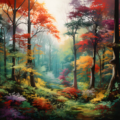 Obraz na płótnie Canvas Panoramic View of Dense Forest: Showcasing Biodiversity and Nature's Mystical Aura in Vibrant Hues