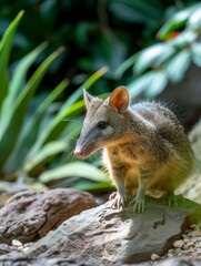 An attentive bandicoot exploring the forest underbrush.