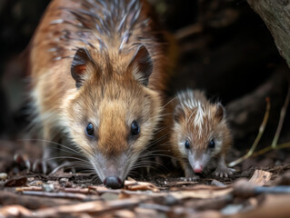 A mother bandicoot and her offspring in the forest, exploring cautiously.