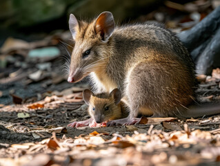 Naklejka na ściany i meble A bandicoot with her young, foraging on the forest floor together.