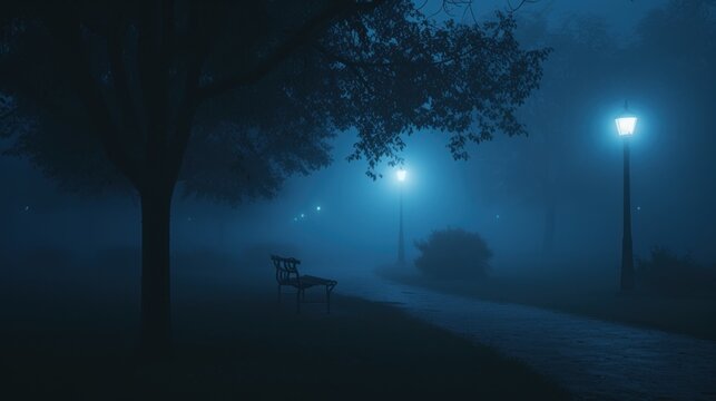  a park bench in the middle of a foggy park at night with a street light in the foreground.