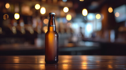 Blank beer bottle mockup on the bar background