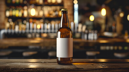 Blank beer bottle mockup on the bar background - obrazy, fototapety, plakaty