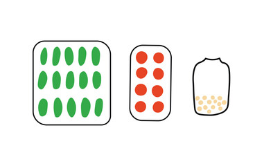 Colorful doodle set of pills and drugs. Isolated illustrations