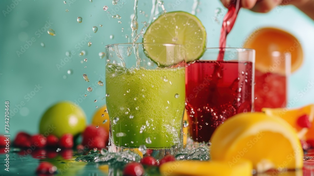 Poster a close up of a person pouring a drink into a glass with a lime slice and cranberries on the side.