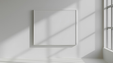 Blank white frame mockup on white wall background