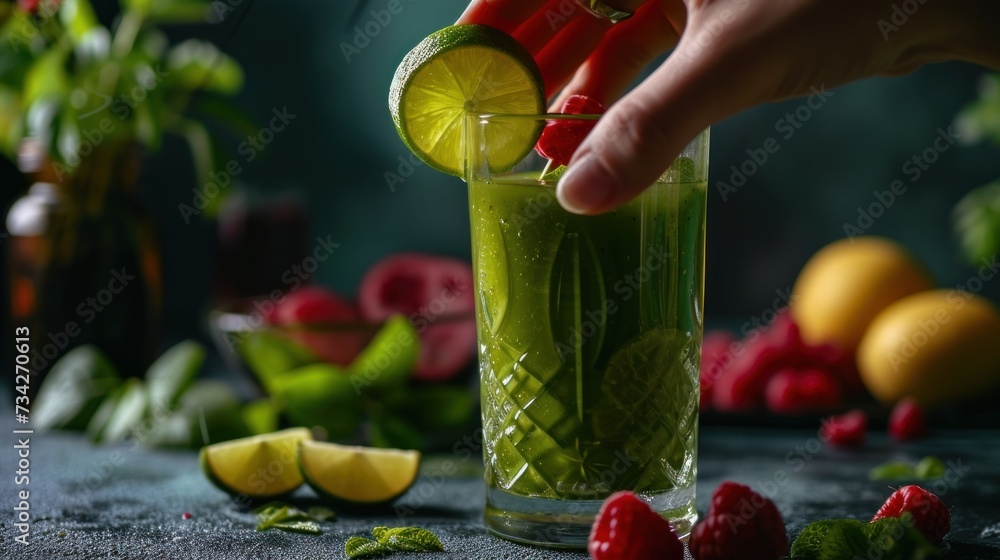 Poster a close up of a person putting a lime in a glass with raspberries and raspberries in the background.
