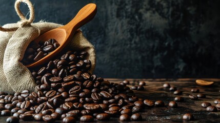 Close-up view of a sack of coffee beans on table.