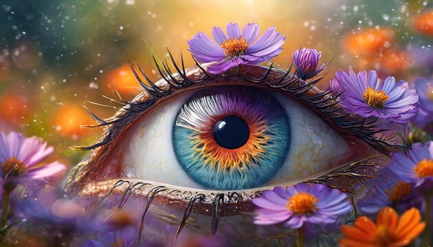 An eye with purple and orange flowers