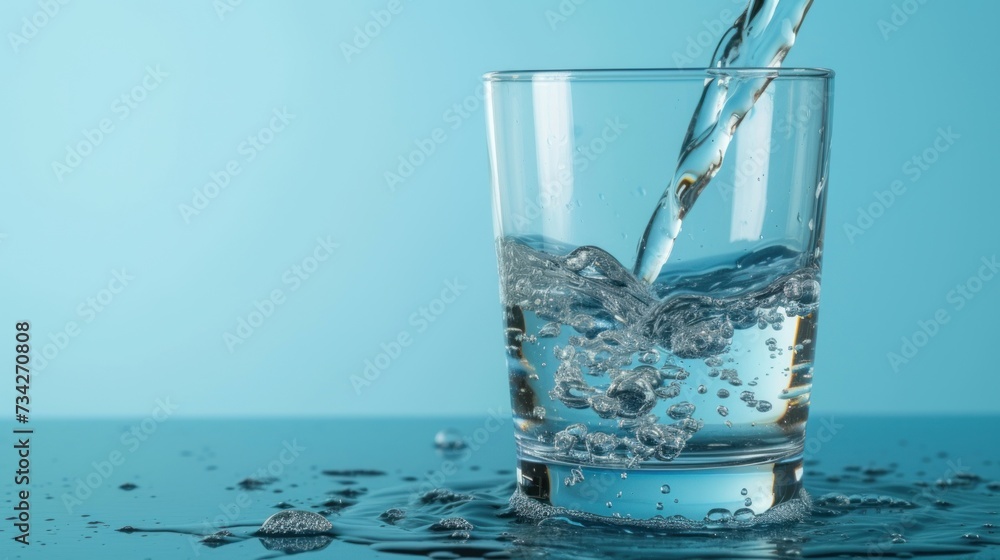 Poster water being poured into a glass with ice cubes on the bottom and a splash of water on the bottom of 